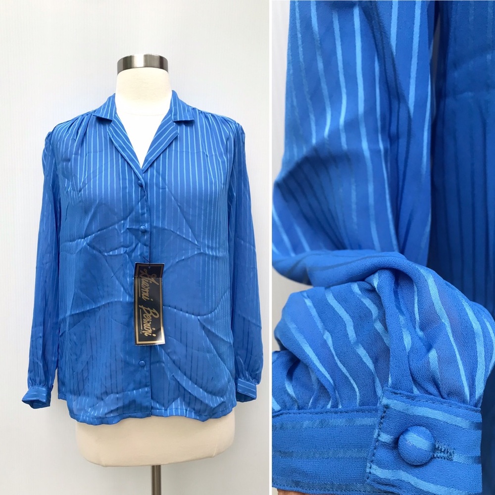 Vintage 80’s blue striped button down blouse top deadstock NWT